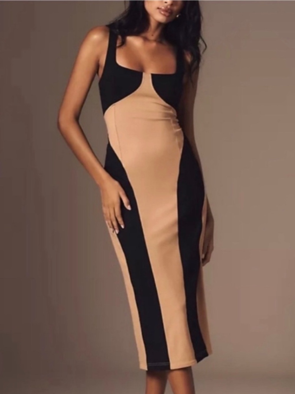Anthropologie Sleeveless Square-Neck Colorblock black and tan Slim Midi Dress